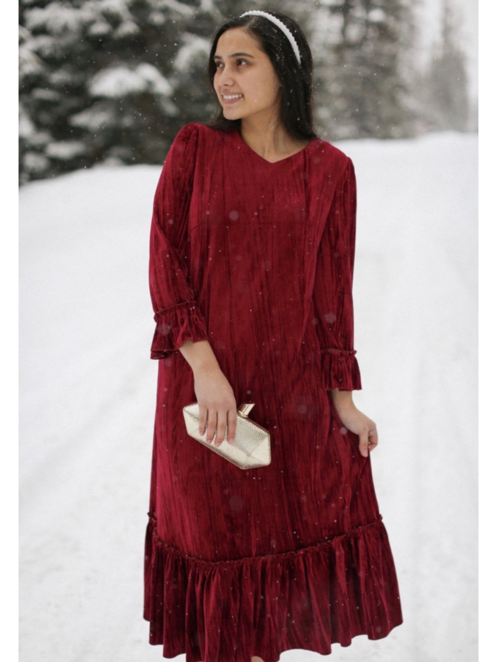 Dainty Jewells Burgundy Velvet Long Sleeve Ruffle Hem Dress